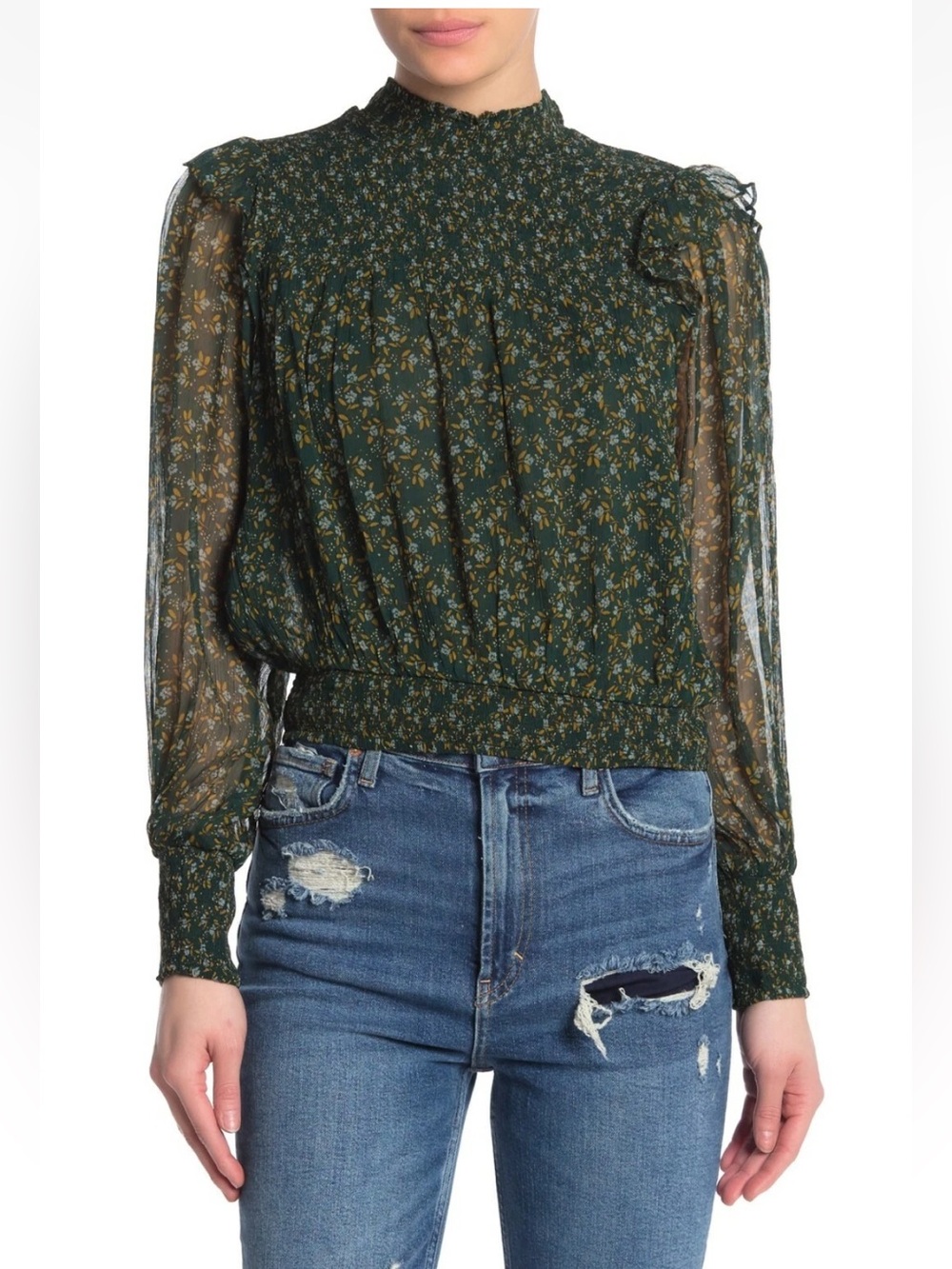 Free People Dark Green Floral Smocked Waist Blouse XL